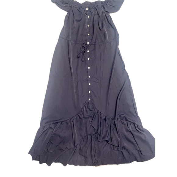 KIRUNDO Women's Off Shoulder Ruffle Maxi Dress Button Front Tie Waist Navy Large - Picture 1 of 6